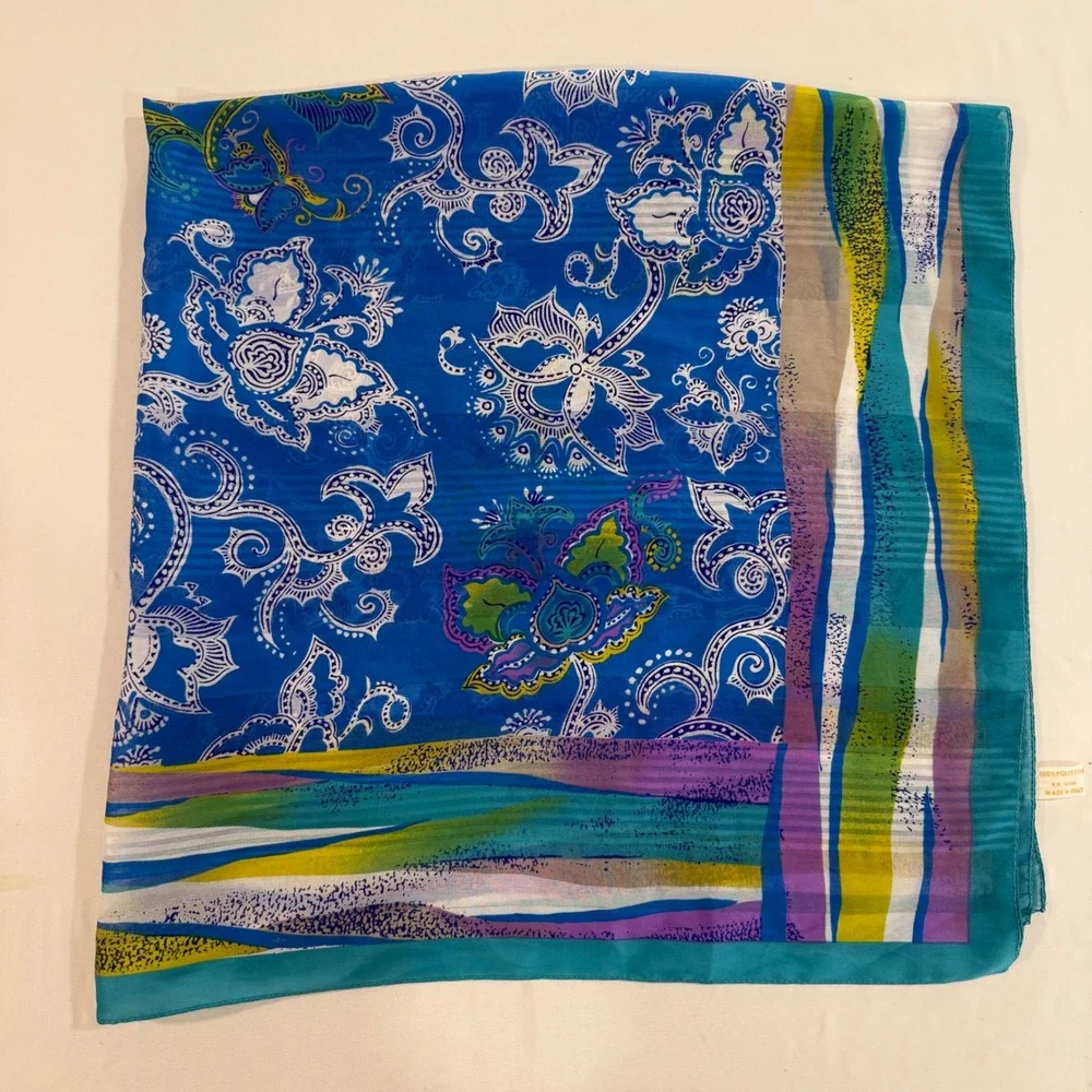 Womens Scarf Paisley Floral Made in Italy Square Boho Blue 34x34